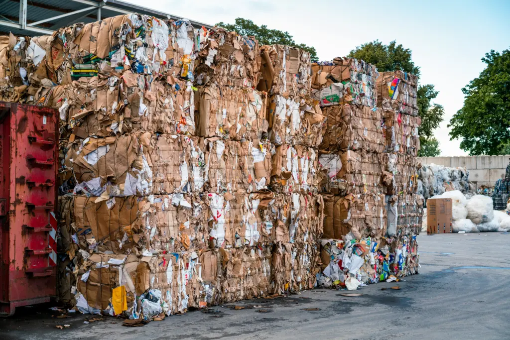 Paper bales stored outside, waiting for recycling processing